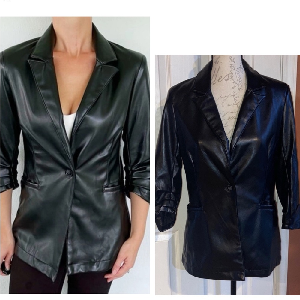Rachel Zoe Faux Leather 3/4 Gathered Sleeve Jacket Black sz Small